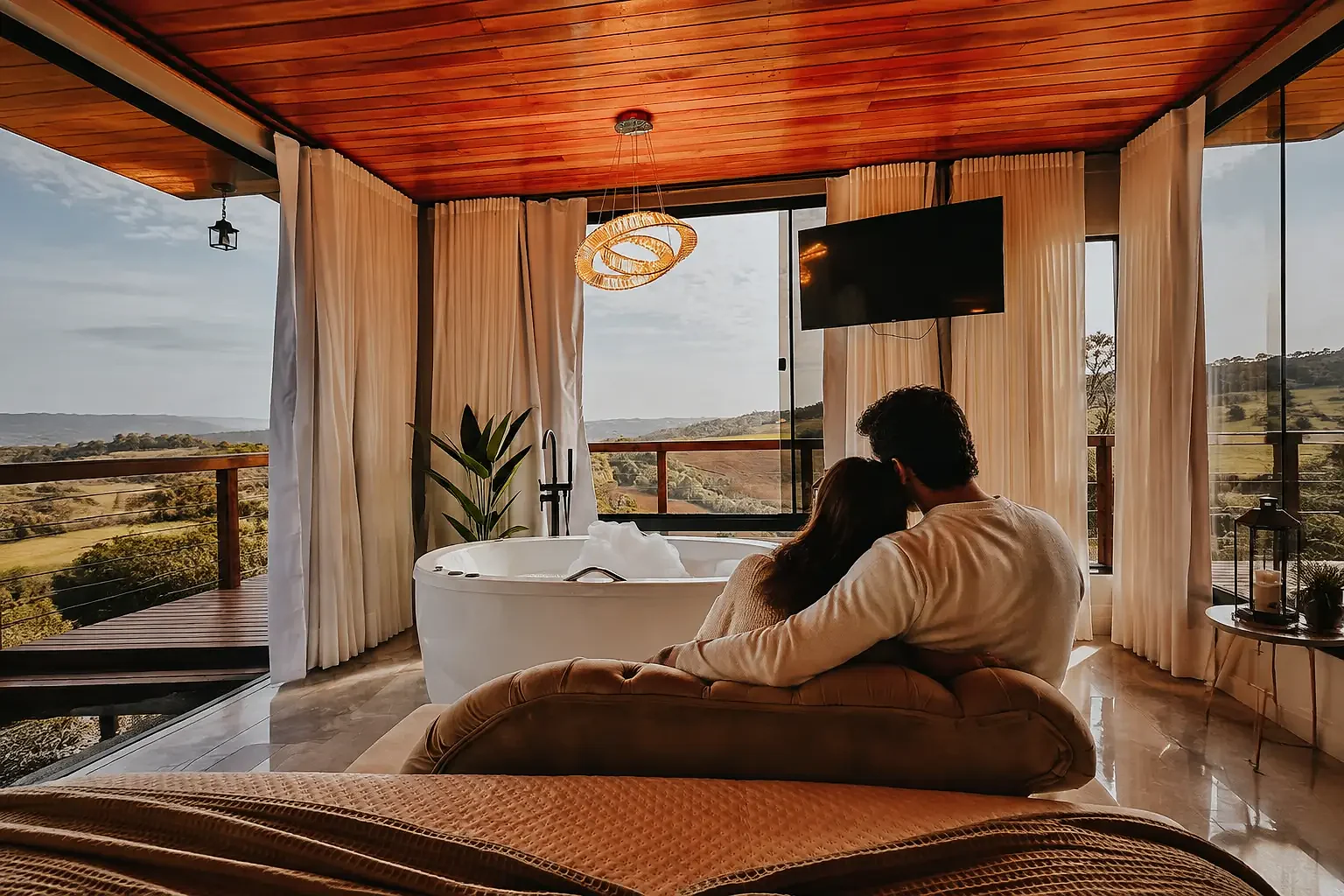 Casal abraçado admirando a vista no interior da Cabana Espelho das Nuvens